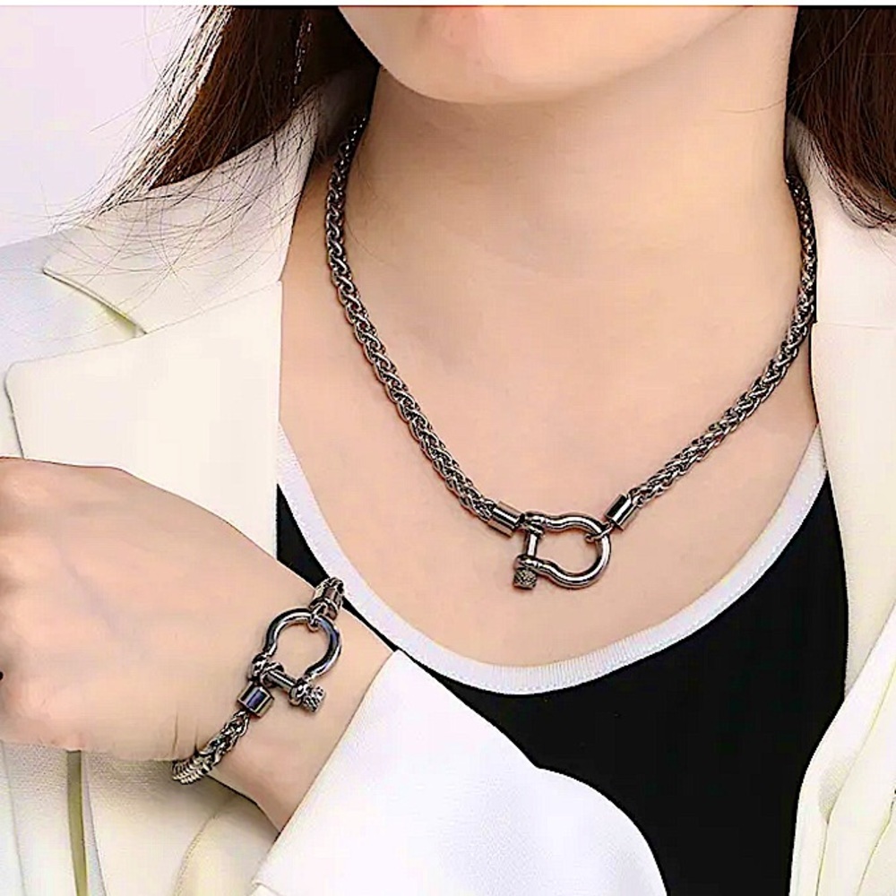 Horseshoe Silver Necklace Bracelet Matching Set HoreseBit Stainless Steel